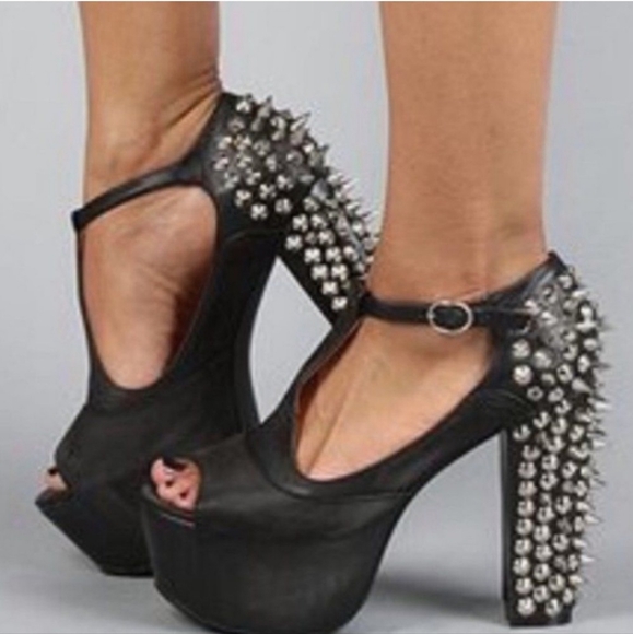 Jeffrey Campbell Shoes - Jeffrey Campbell Foxy Spike Leather Platform T-Strap Spiked Heels